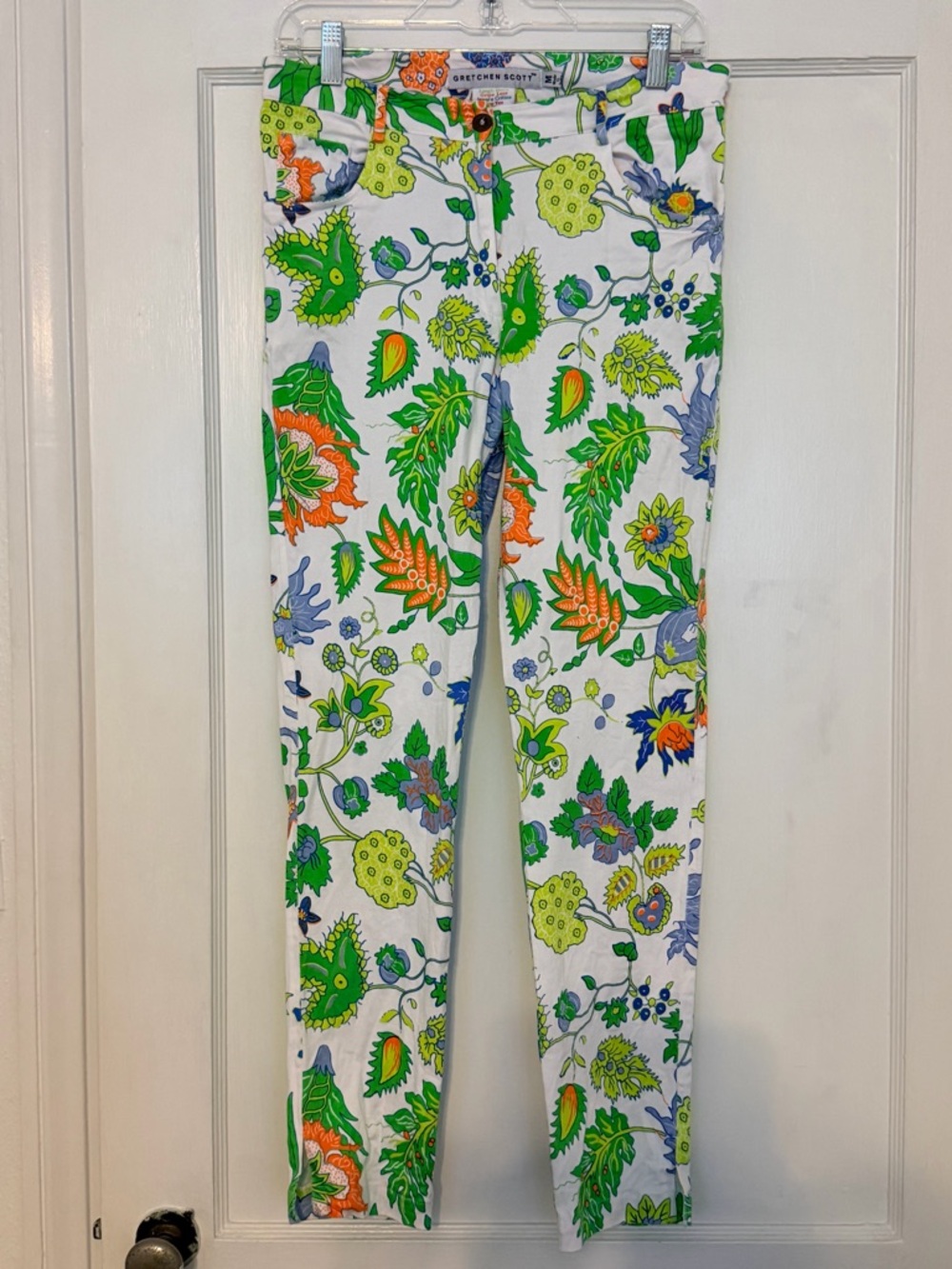 Gretchen Scott gripeless jeans green floral print ladies M
